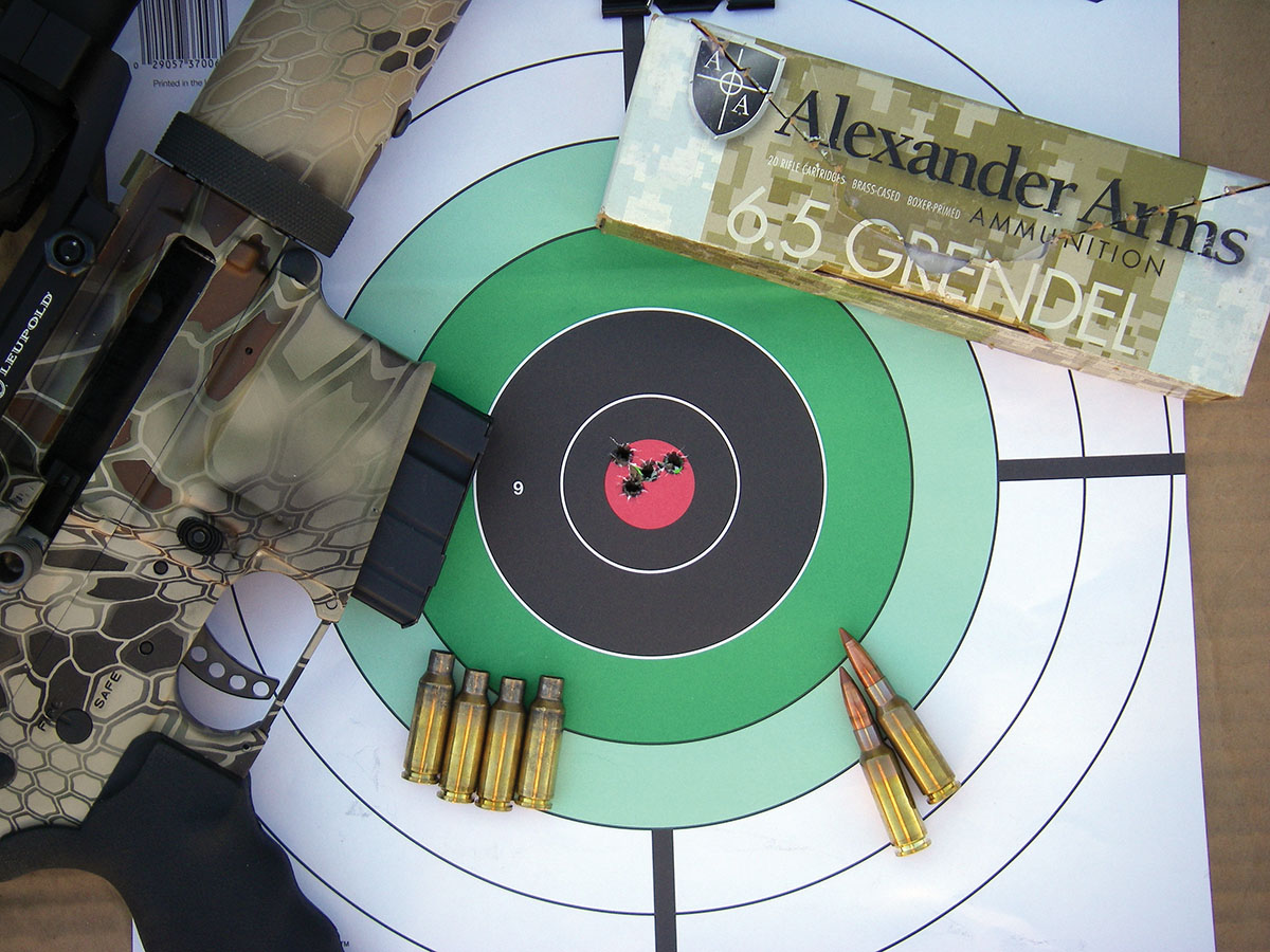 This sub-MOA group was fired from a hot barrel, illustrating the accuracy potential of the 6.5 Grendel in the Alexander Arms AAR15 Hunter Series rifle.
